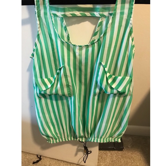 Green and white striped tank with tie at bottom - Picture 2 of 2